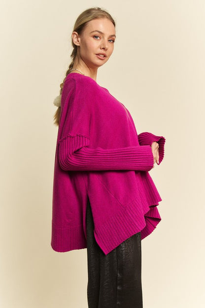 Ribbed Side Slit V-Neck Sweater