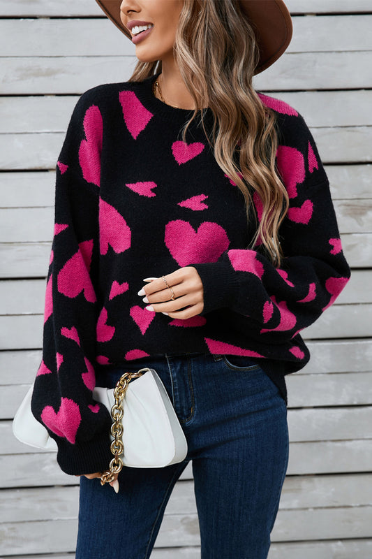 Heart Contrast Round Neck Long Sleeve Sweater