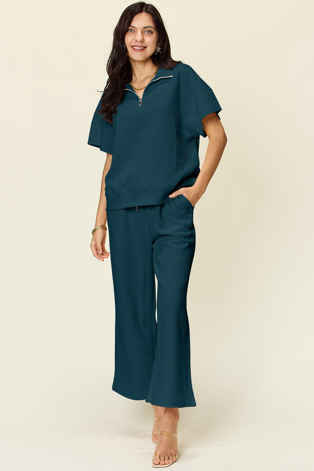 Textured Half Zip Short Sleeve Top and Pants Set