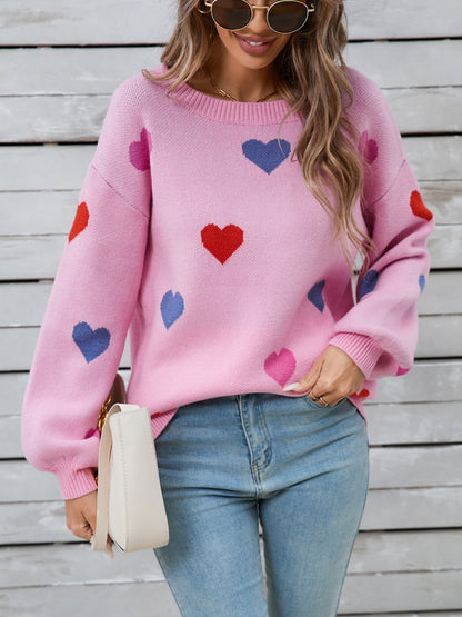 Heart Round Neck Long Sleeve Sweater