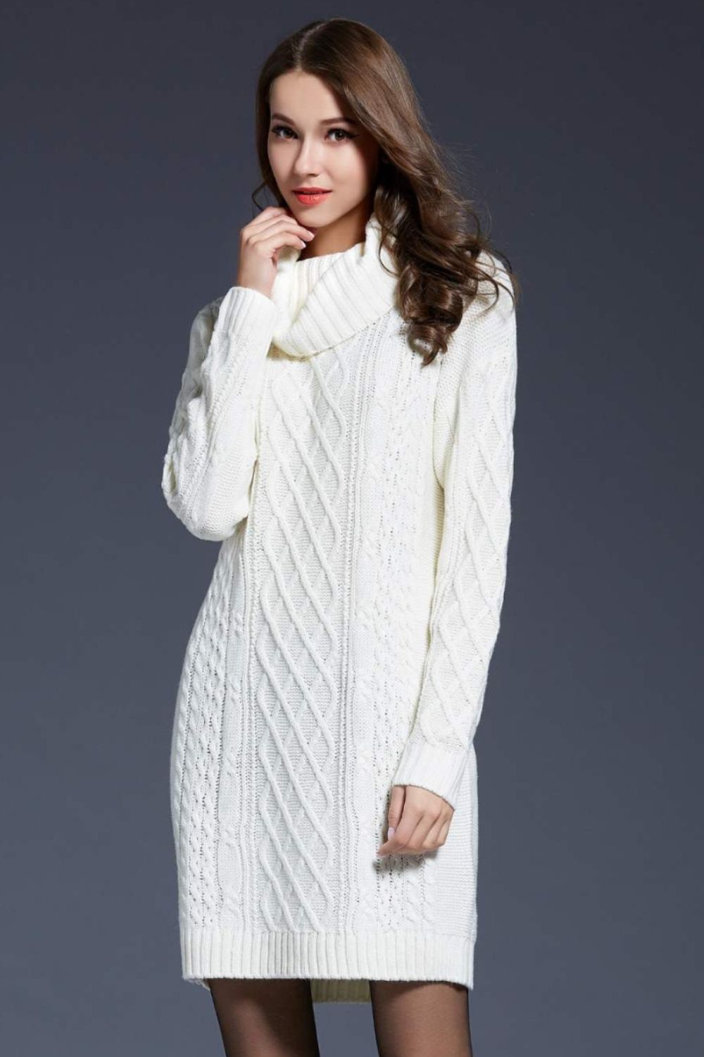 Mixed Knit Cowl Neck Dropped Shoulder Sweater Dress