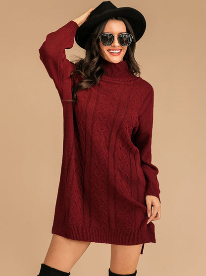 Slit Turtleneck Long Sleeve Mini Sweater Dress