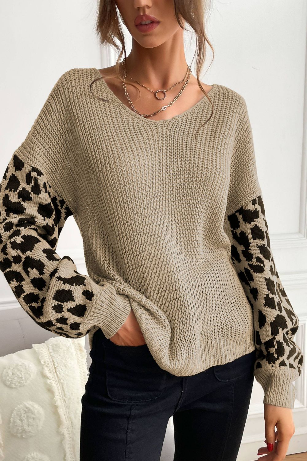 Leopard Sleeve Dropped Shoulder Sweater