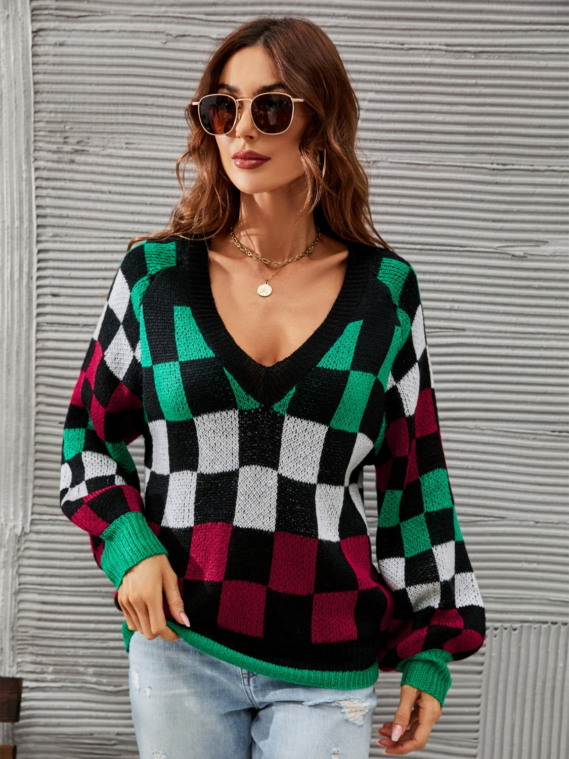 Checkered V-Neck Lantern Sleeve Sweater