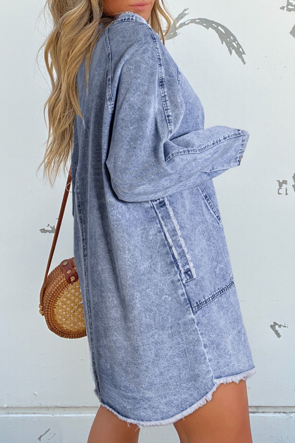 Raw Hem Button Down Long Sleeve Denim Dress