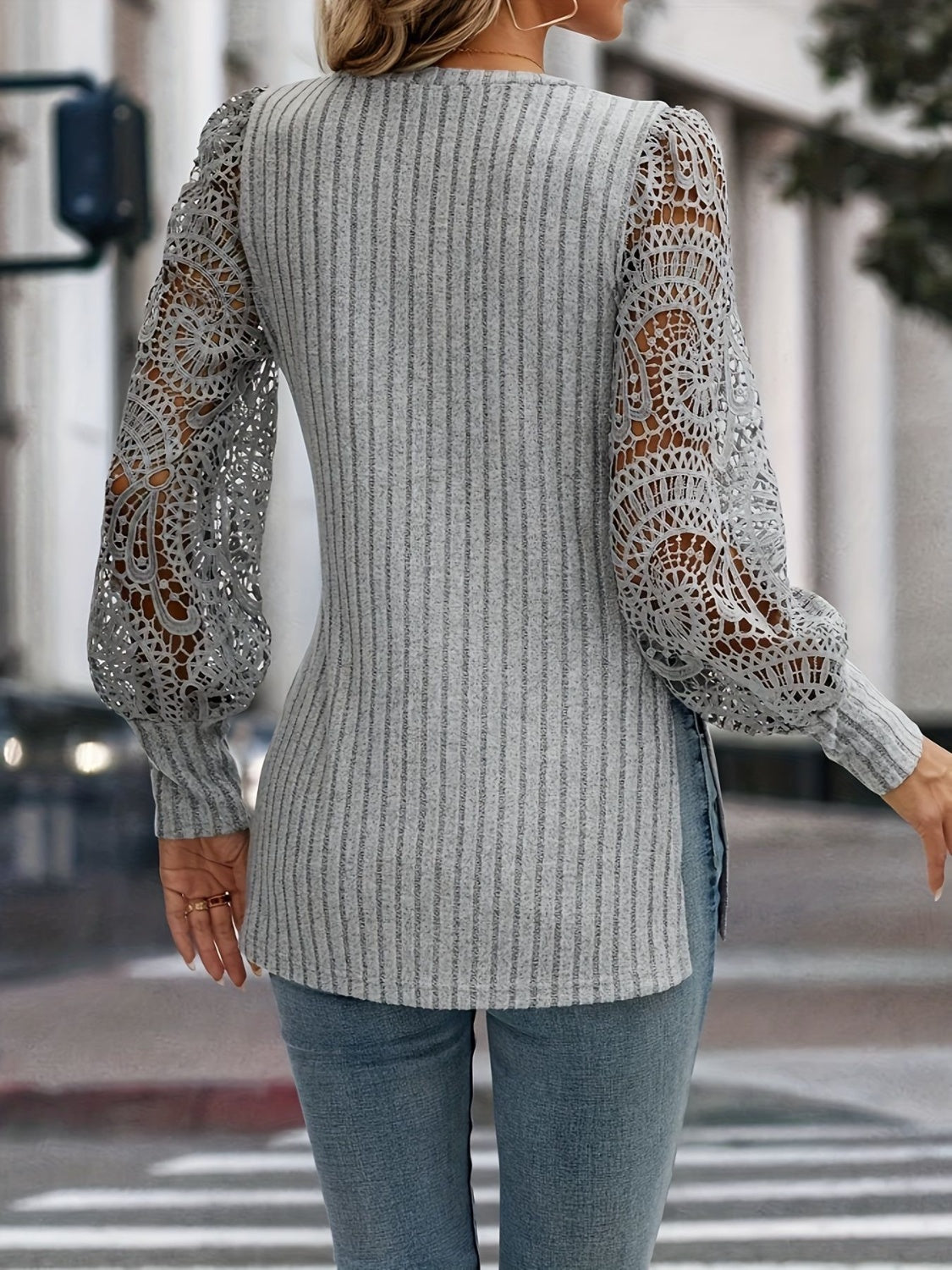 Slit Round Neck Lace Long Sleeve Sweater