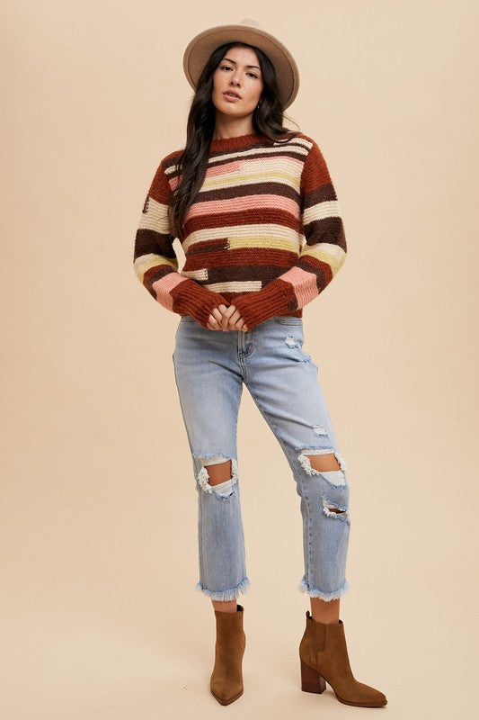 Color Block Round Neck Long Sleeve Sweater