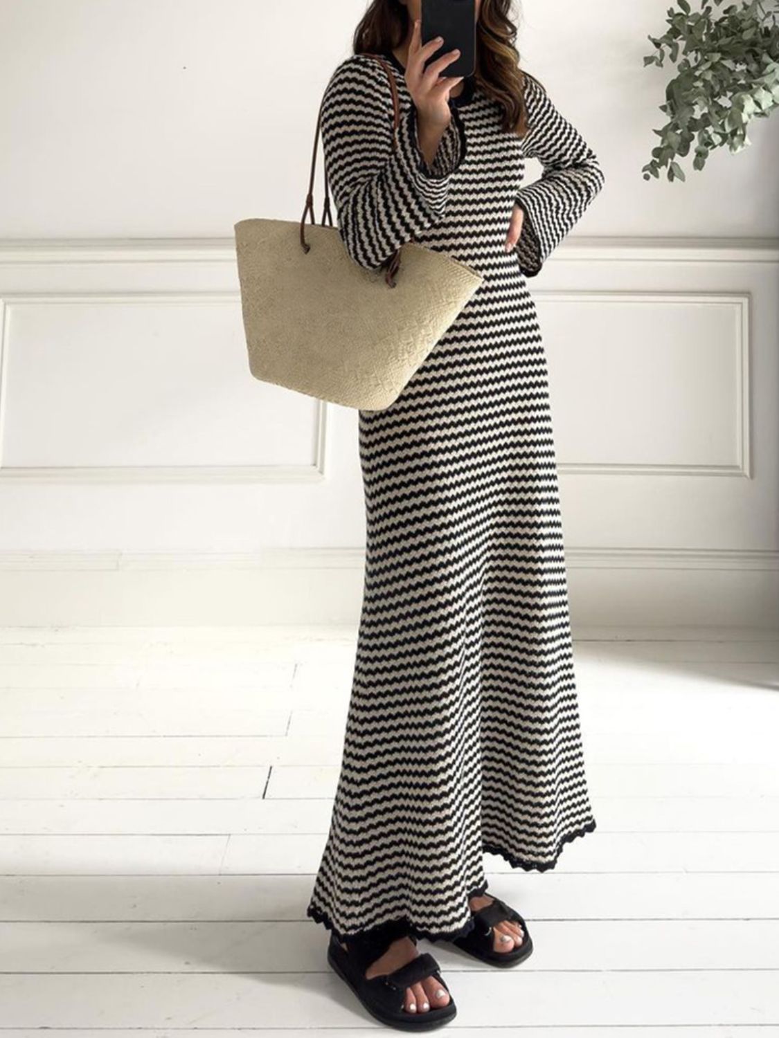 Tied Round Neck Striped Sweater Dress