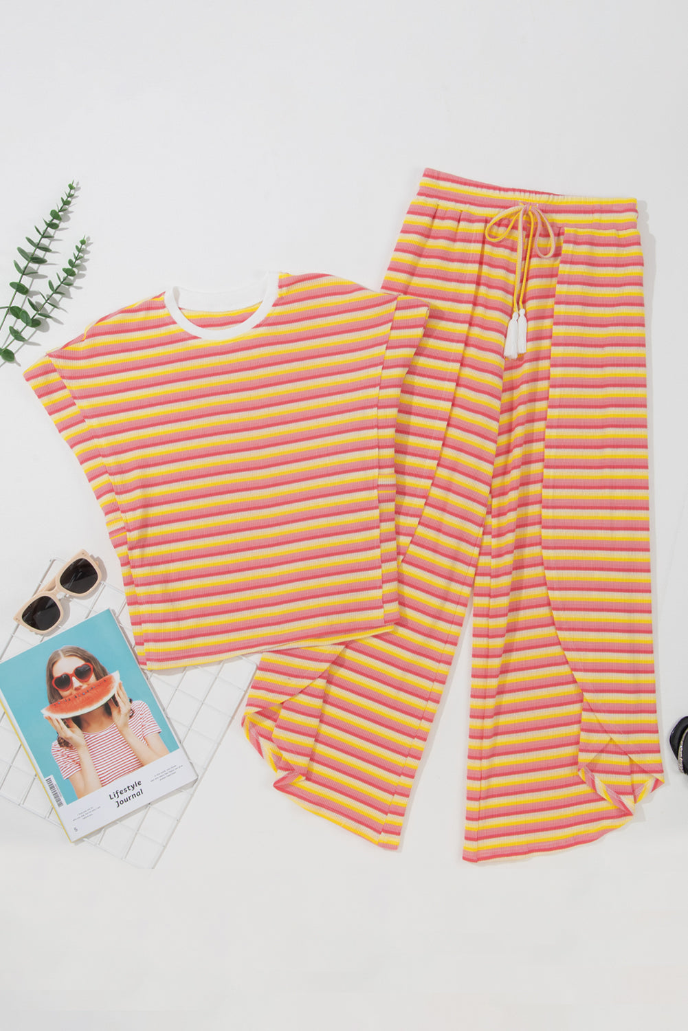 Striped Round Neck Top and Drawstring Pants Set