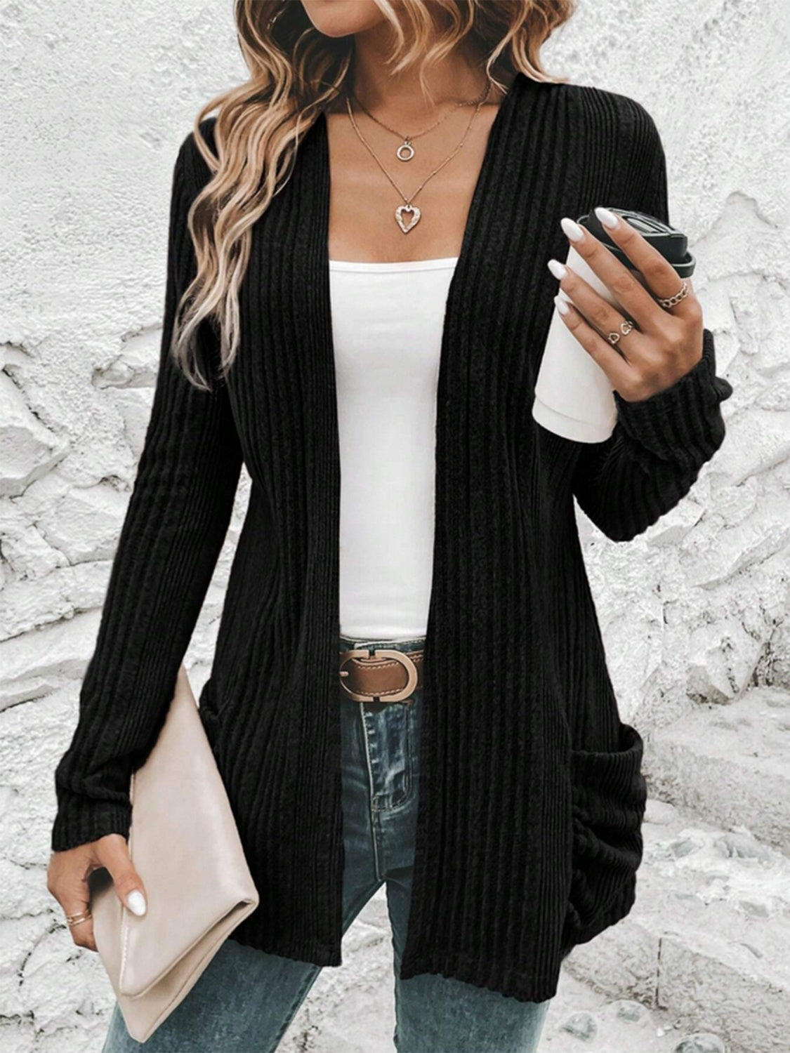 Pocketed Open Front Long Sleeve Cardigan