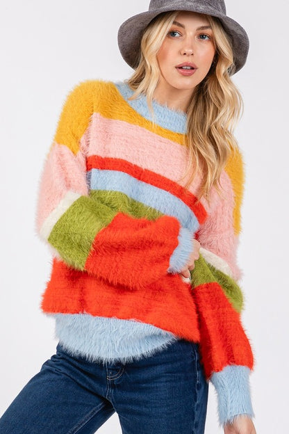 Color Block Round Neck Dropped Shoulder Sweater