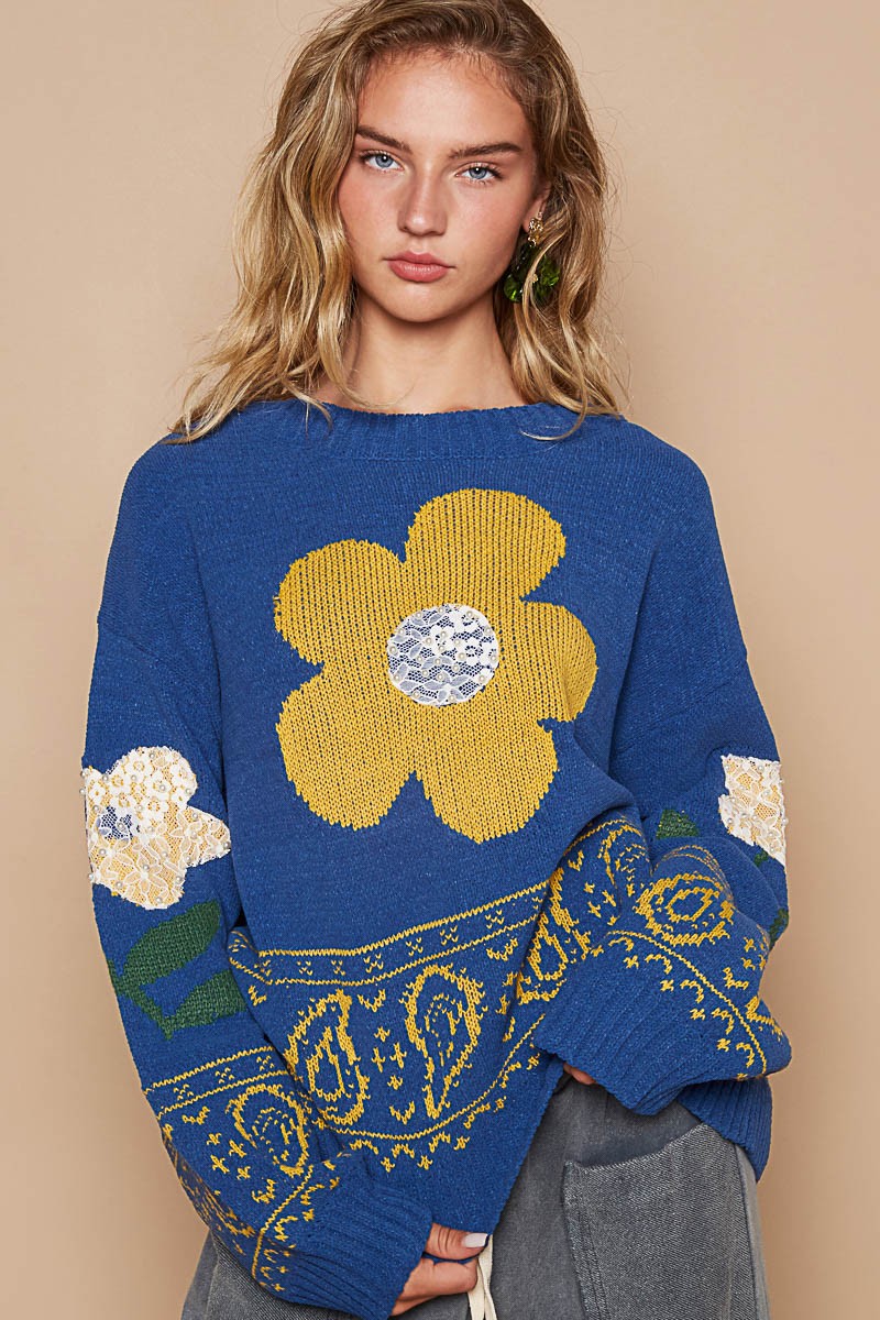 Flower Lace Patch Long Sleeve Sweater