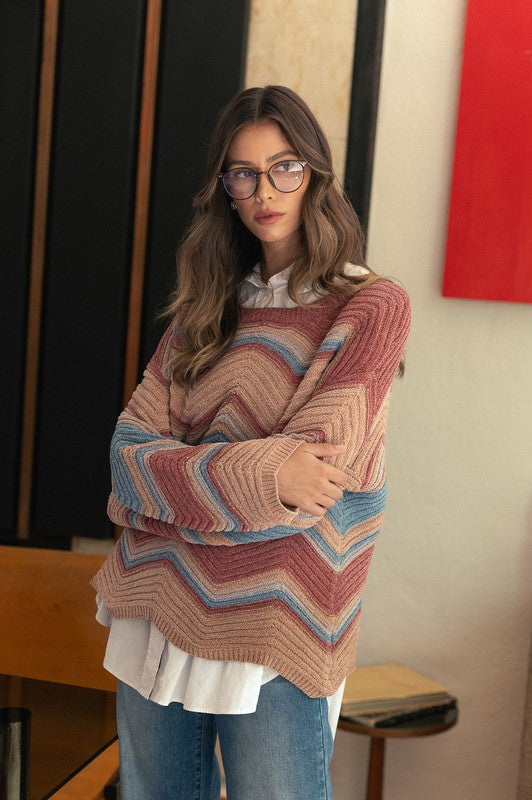 Multi Color Zig-Zag Round Neck Sweater