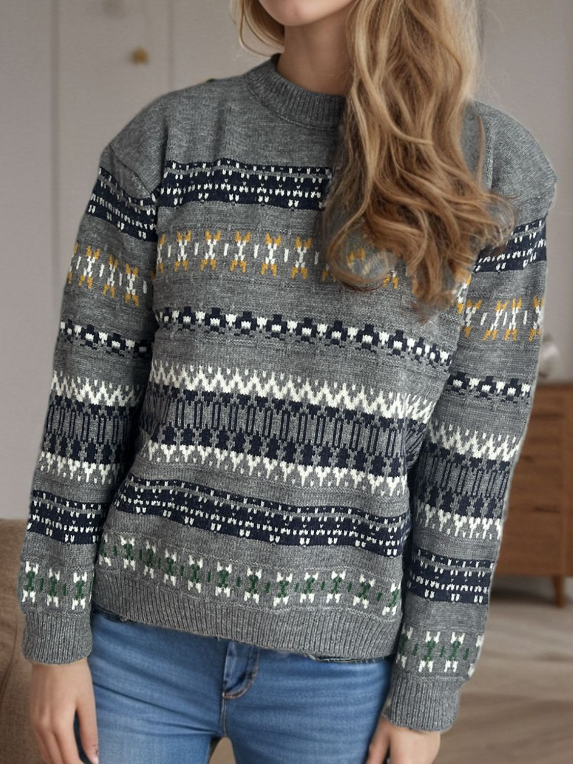 Geometric Round Neck Long Sleeve Sweater