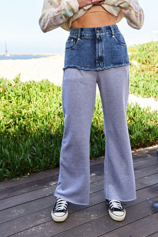 Raw Hem Denim Patchwork Wide Leg Pants