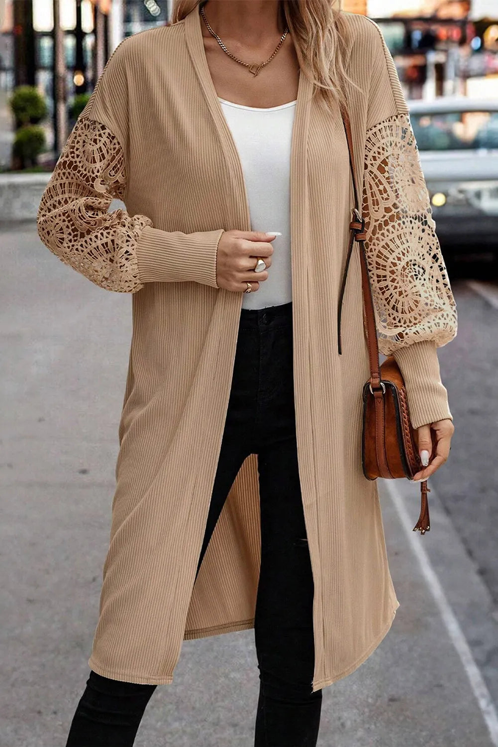 Open Front Lace Lantern Sleeve Cardigan