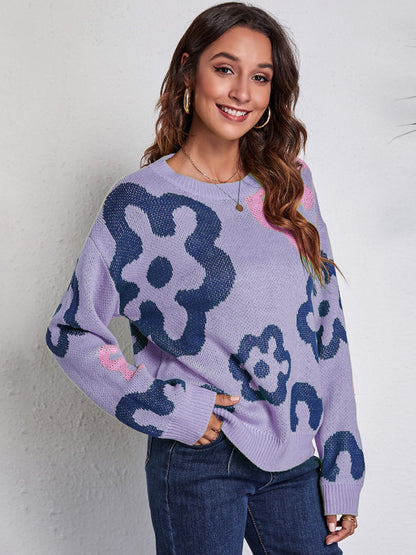 Flower  Round Neck Long Sleeve Sweater