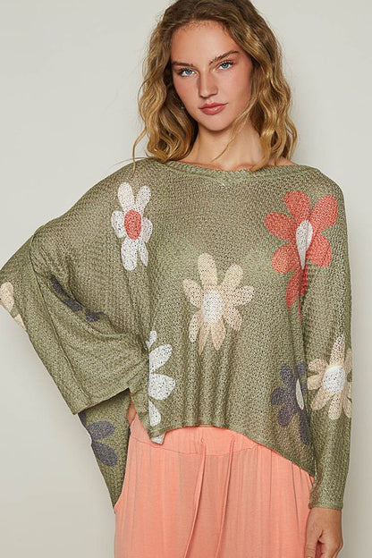 Flower Dropped Shoulder Long Sleeve Knit Top