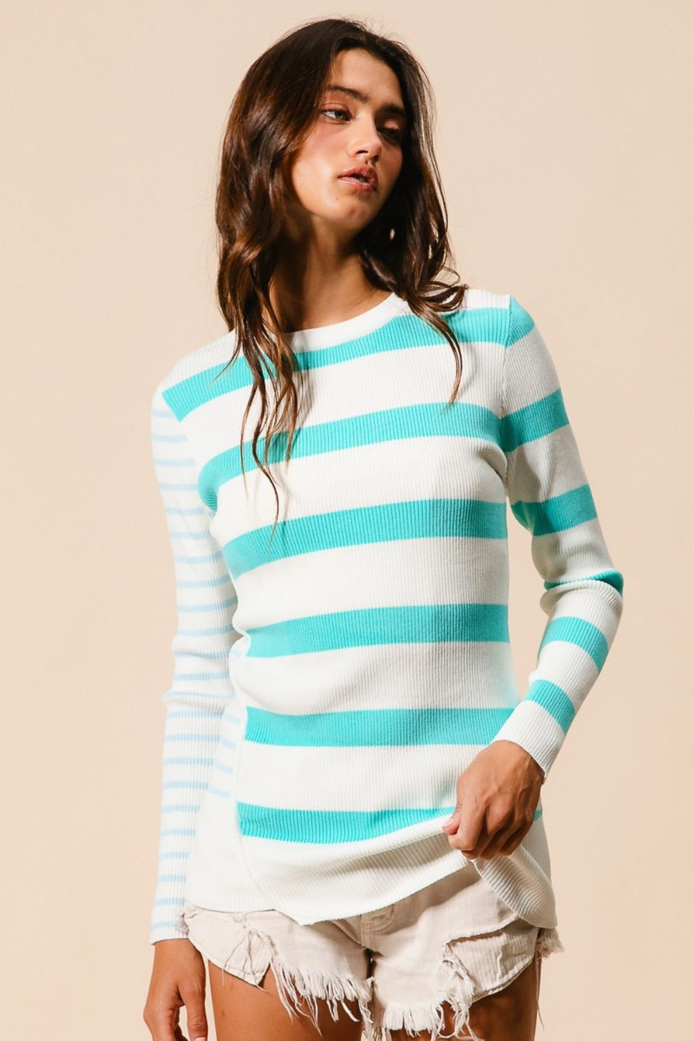 Contrast Striped Asymmetrical Hem Knit Top