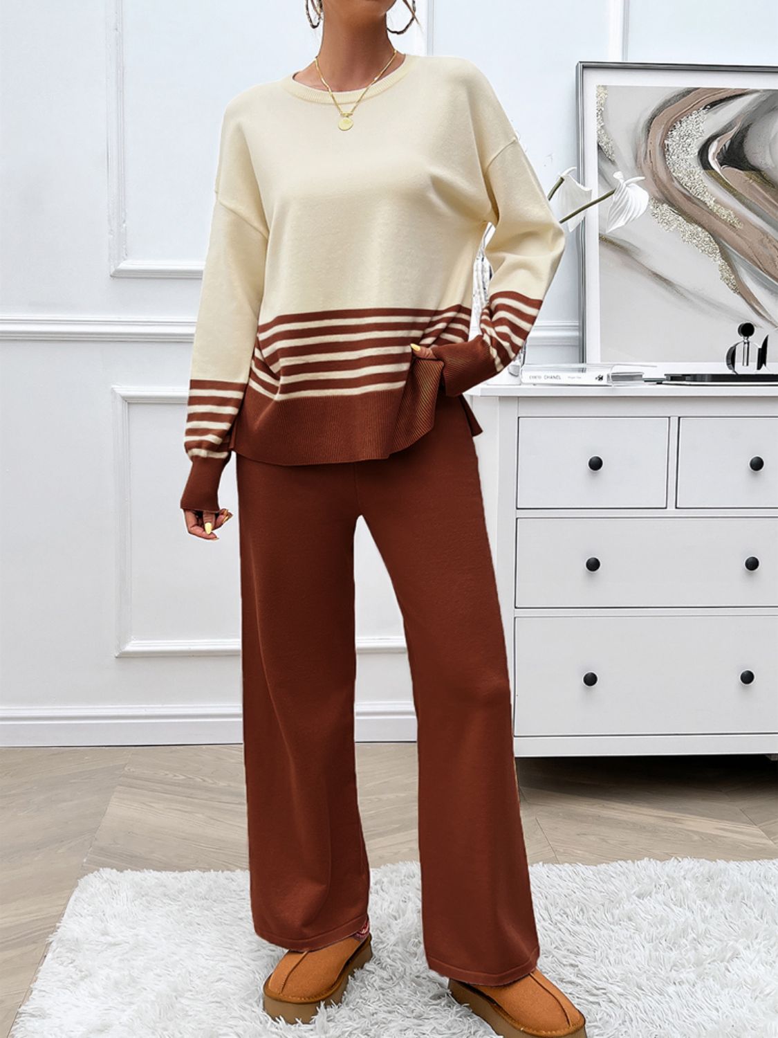 Slit Striped Round Neck Top and Pants Sweater Set