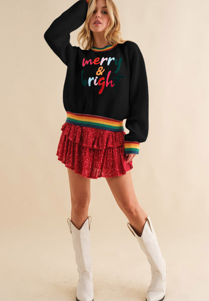 Merry & Bright Christmas Ribbed Round Neck Sweater