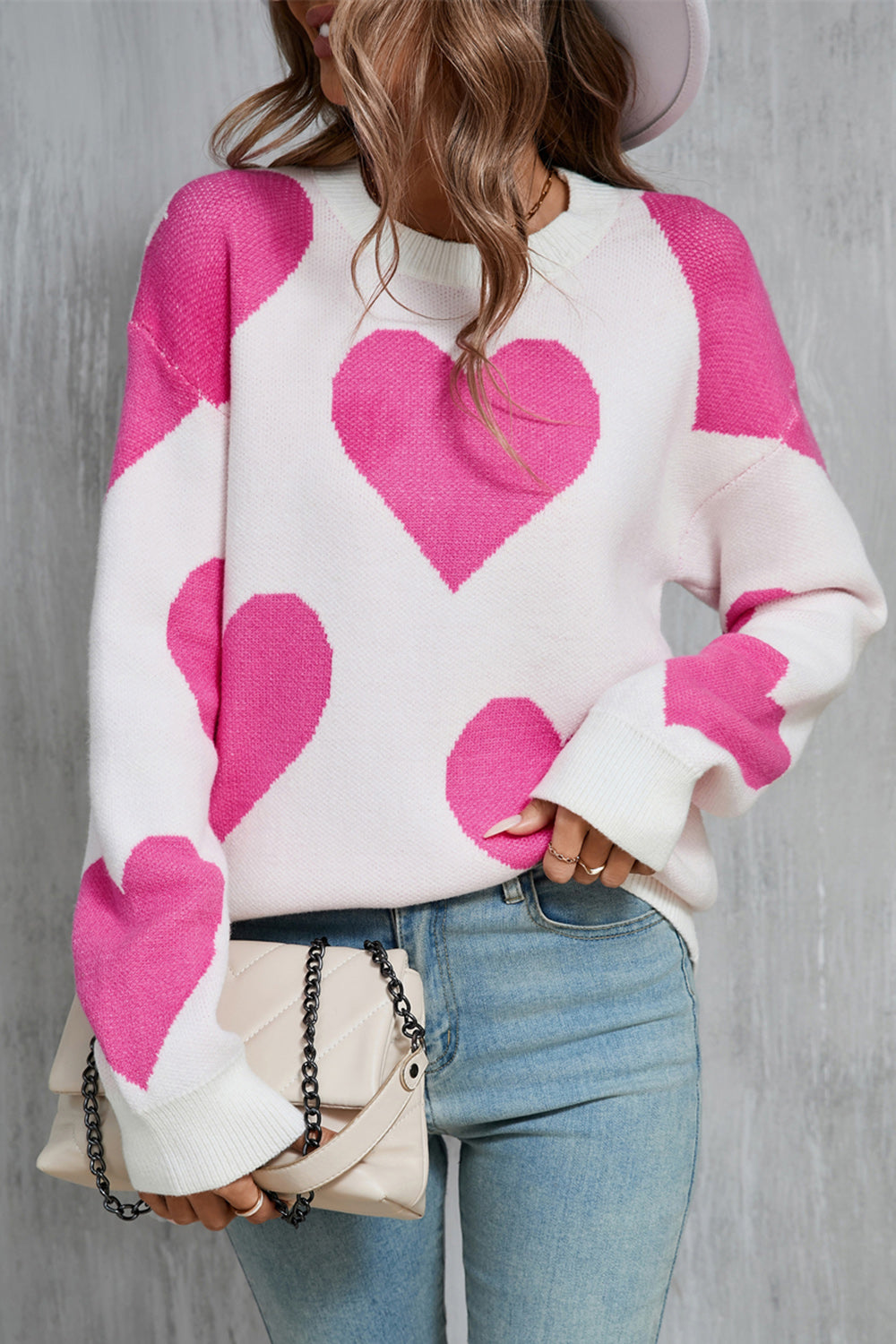 Contrast Heart Dropped Shoulder Long Sleeve Sweater