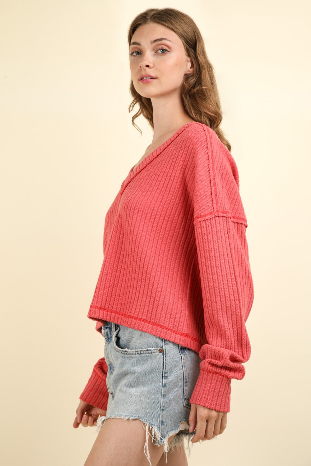 Exposed Seam V-Neck Ribbed Knit Top