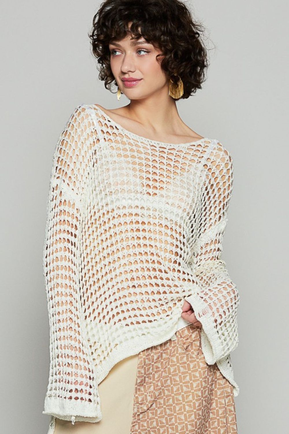 Side Slit Openwork Long Sleeve Knit Cover Up