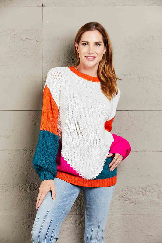 Color Block Round Neck Drop Shoulder Sweater