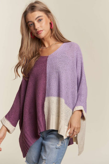 Side Slit Color Block Long Sleeve Sweater