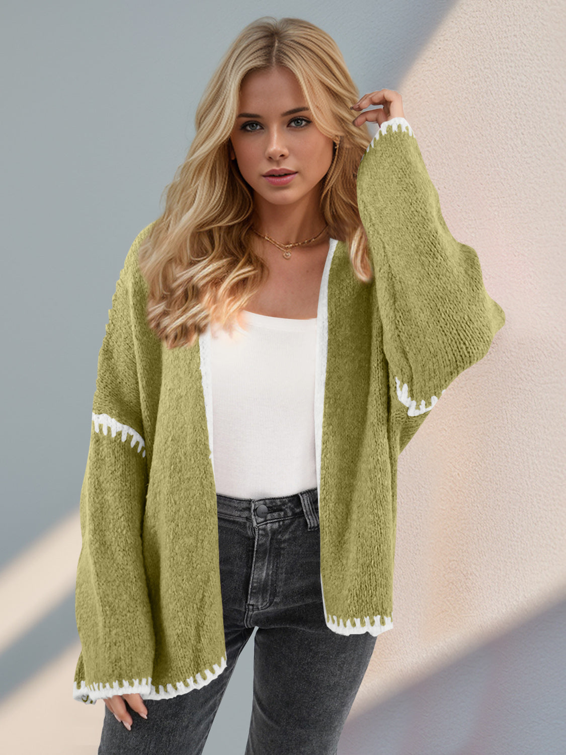 Contrast Open Front Dropped Shoulder Cardigan