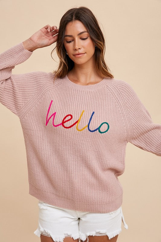 HELLO Embroidered Raglan Sleeve Sweater