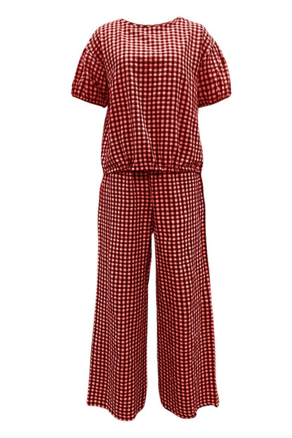 Plaid Round Neck Half Sleeve Top and Pants Set