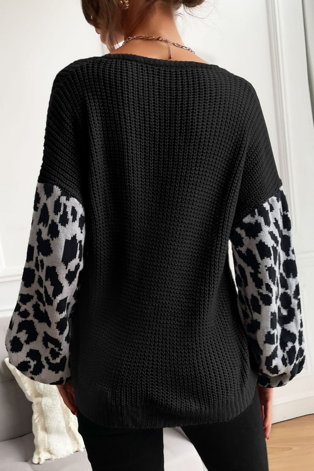 Leopard Sleeve Dropped Shoulder Sweater