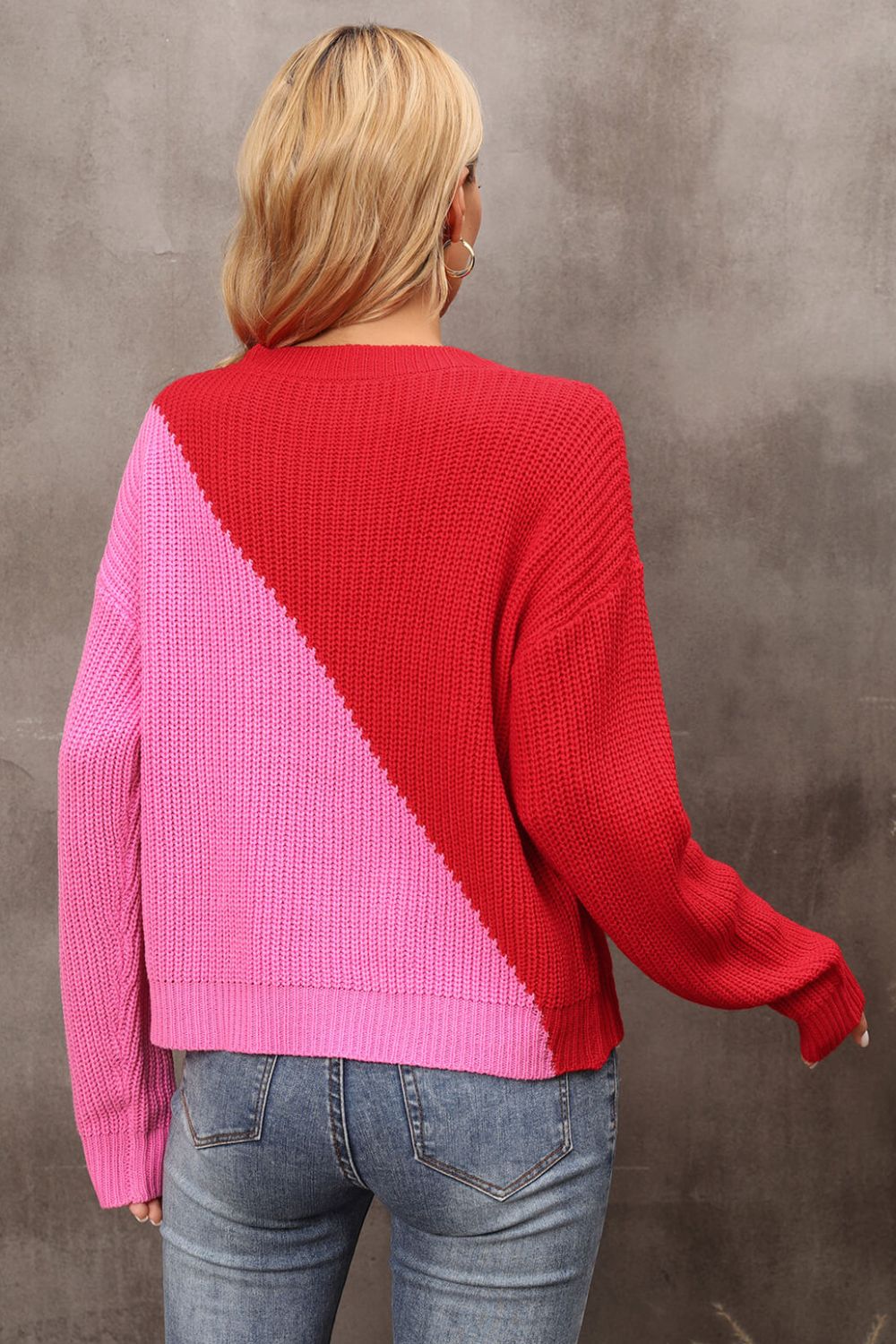 Two-Tone Round Neck Dropped Shoulder Sweater