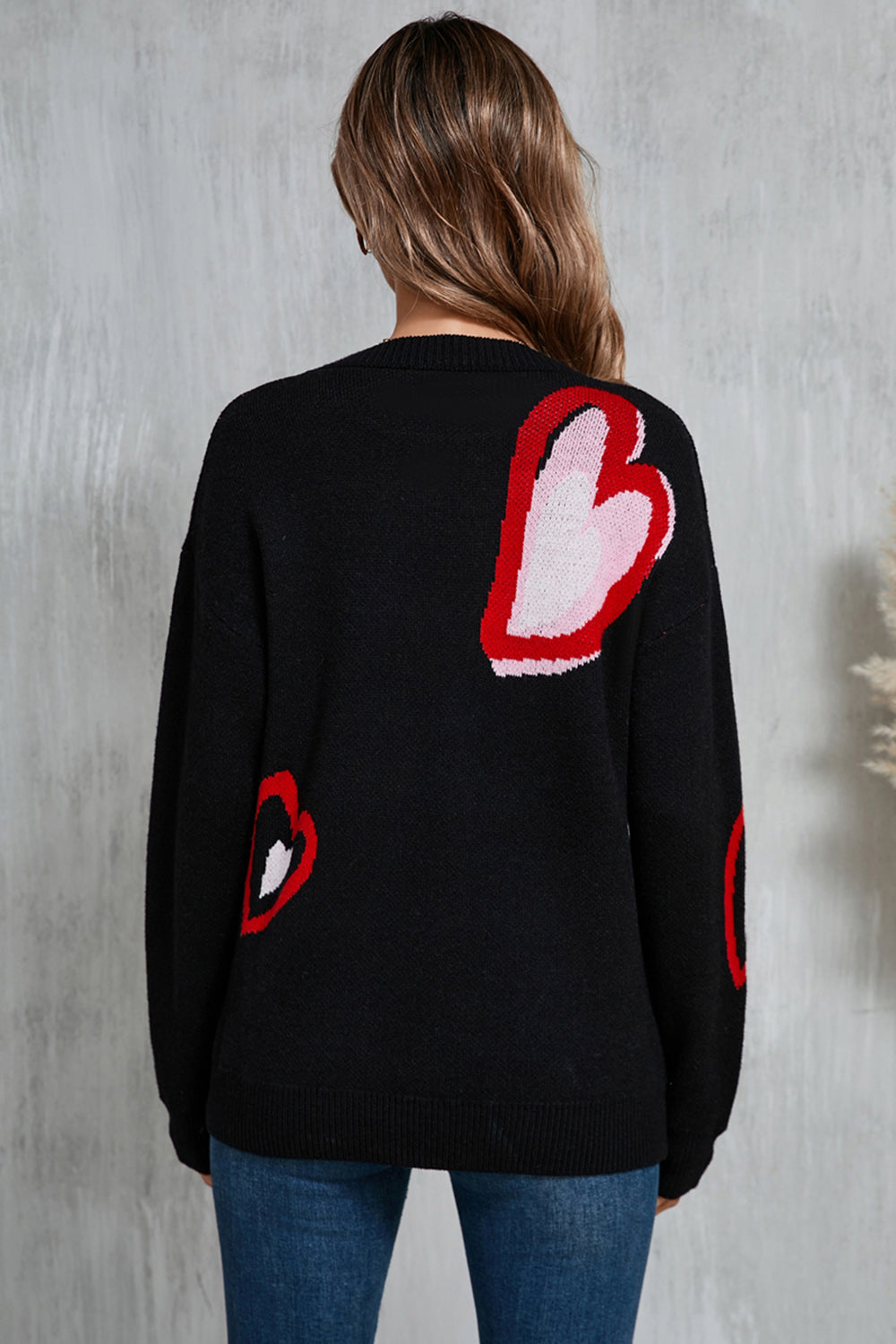 Heart Round Neck Long Sleeve Sweater