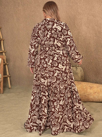 Plus Notched Balloon Sleeve Print Maxi Dress