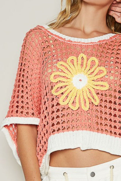 Hollow Out Flower Half Sleeve Knit Cover Up