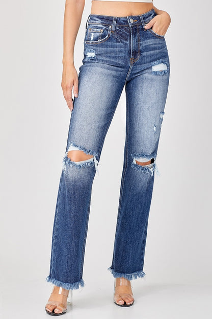 Raw Hem Distressed Straight Jeans