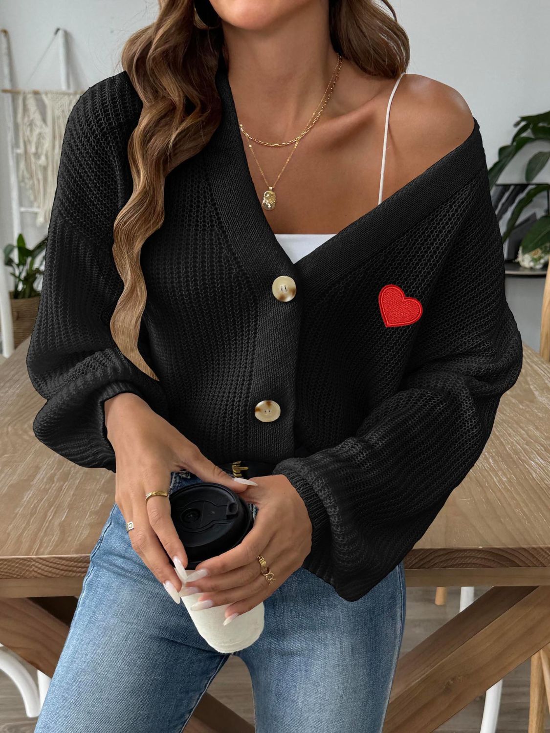 Heart Button Down V-Neck Long Sleeve Cardigan