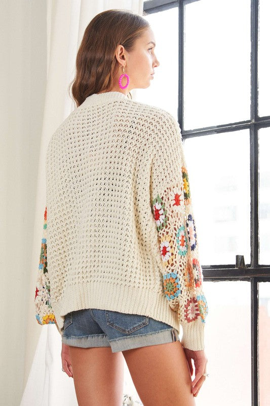 Plus Contrast Crochet Open Front Long Sleeve Cardigan