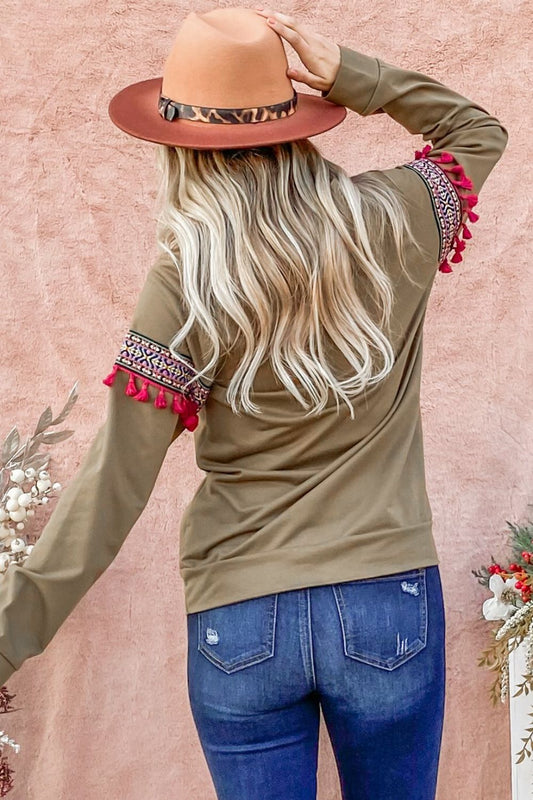 Tassel Trim Long Sleeve Tops