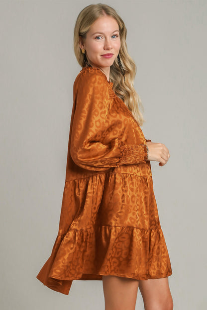 Smocked Leopard Long Sleeve Tiered Dress