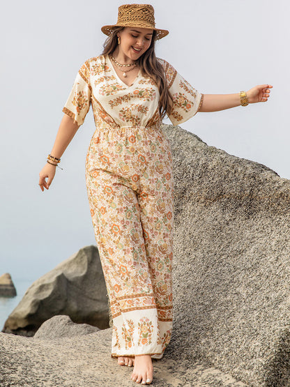 Plus V-Neck Flutter Sleeve Wide Leg Jumpsuit