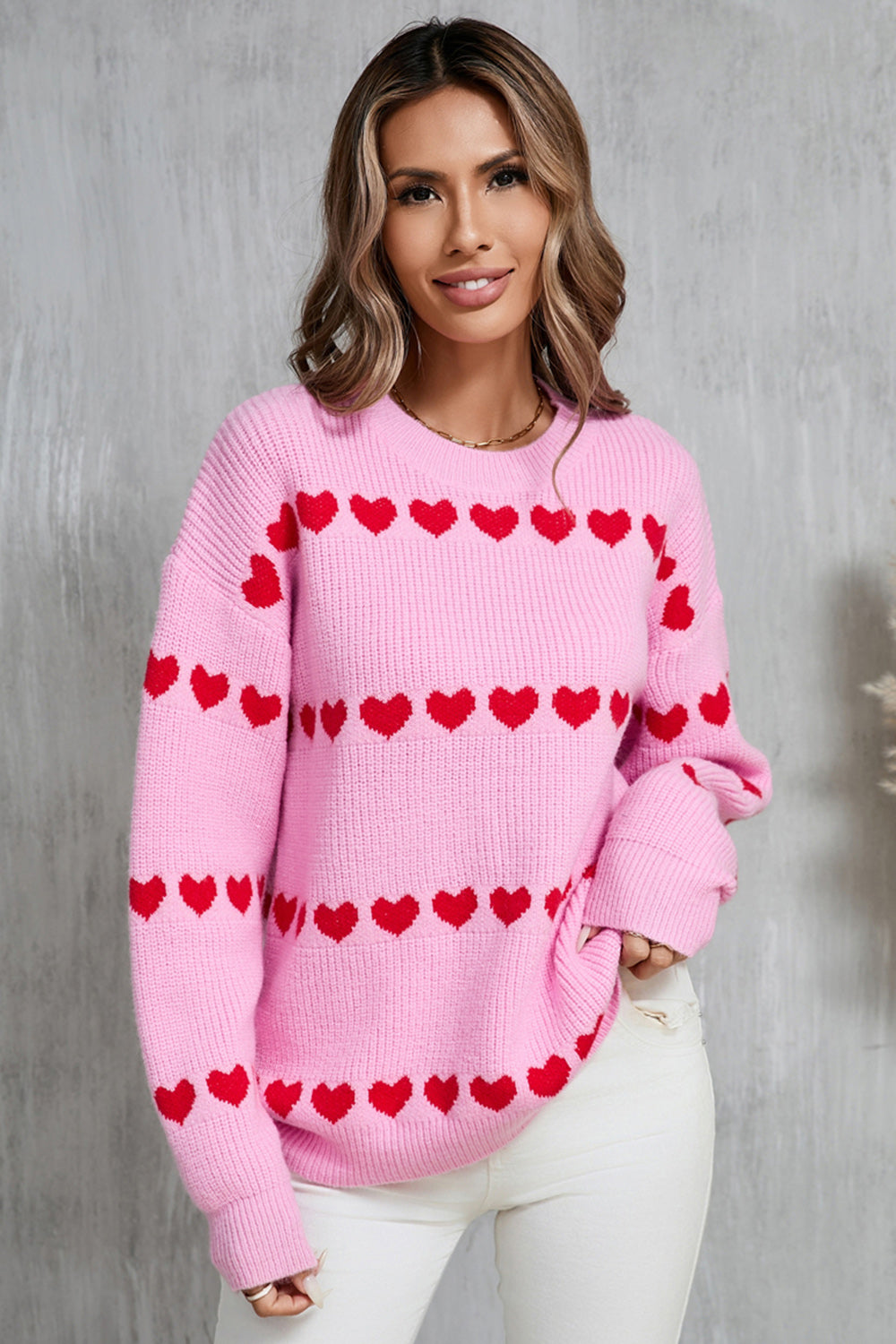 Heart Round Neck Long Sleeve Sweater