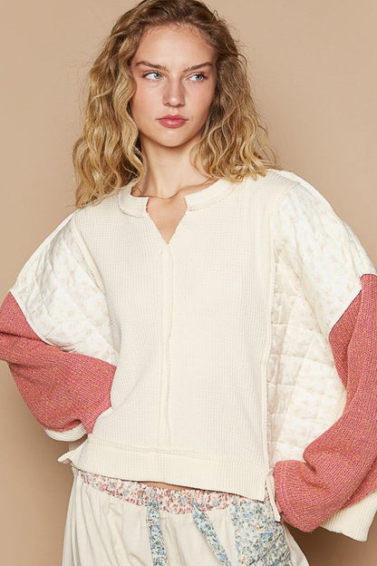 Waffle-Knit Contrast Notched Long Sleeve Knit Top