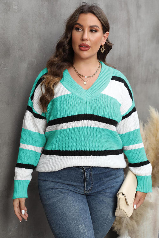 Plus Striped V-Neck Dropped Shoulder Sweater