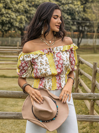 Ruffled Print Off-Shoulder Short Sleeve Blouse