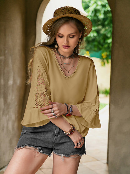 Plus Lace Detail V-Neck Flounce Sleeve Blouse