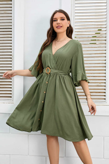 Plus Surplice Neck Half Sleeve Dress